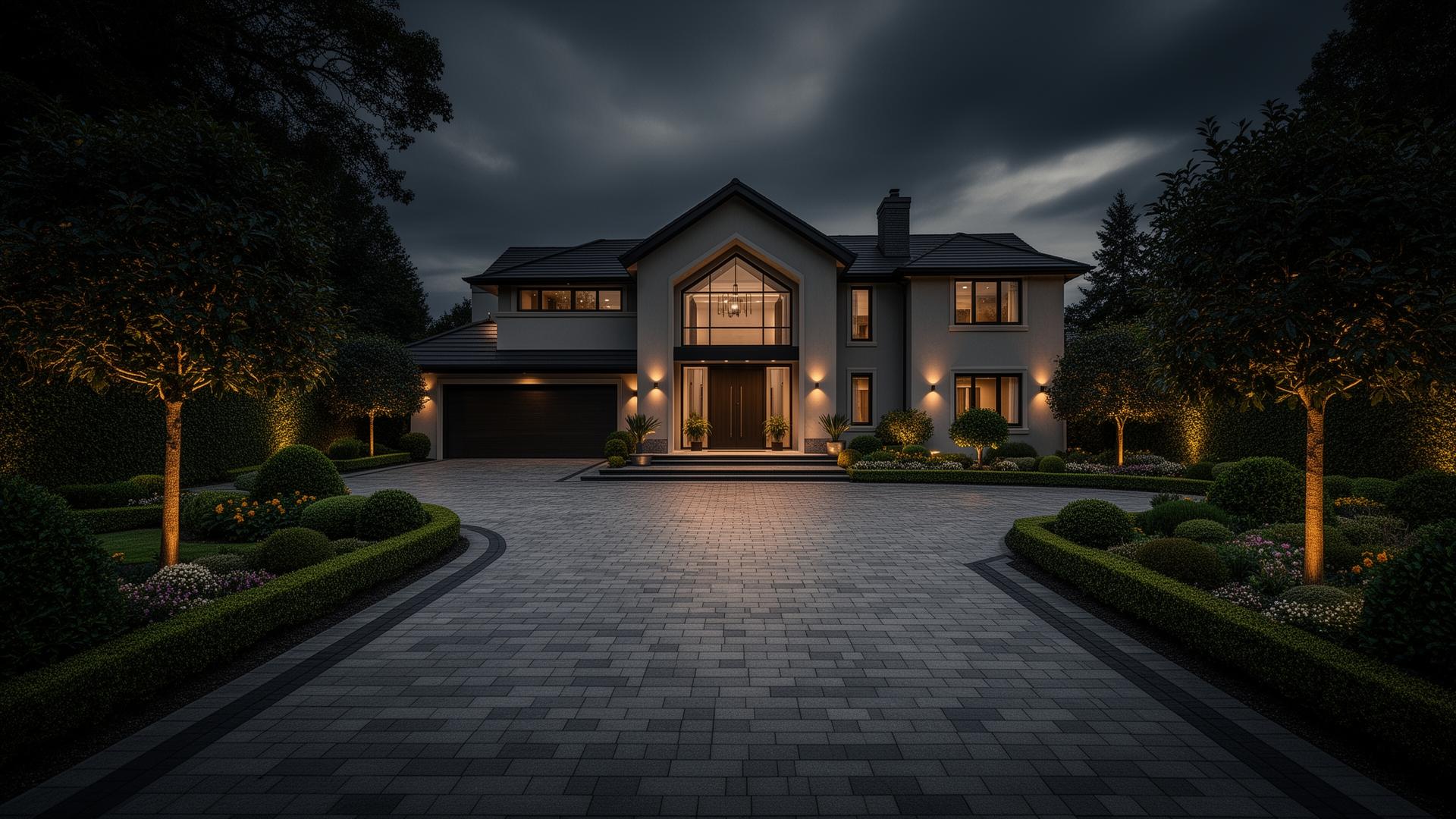 Premium block paving driveway at dusk